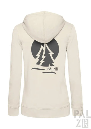 Creme-farbene Kapuzenjacke mit schwarzem Baum-Logo und Text ’palzib’ auf dem Rücken.