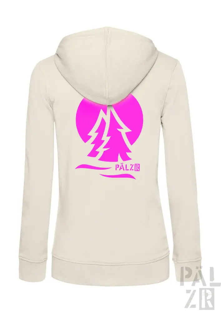 Cremeweiße Kapuzenjacke mit pinkem Baum-Design und ’palz’-Text, aus Fleece-Material gefertigt.