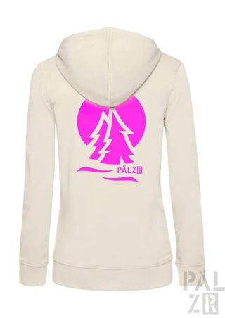 Cremeweiße Kapuzenjacke mit pinkem Baum-Design und ’palz’-Text, aus Fleece-Material gefertigt.
