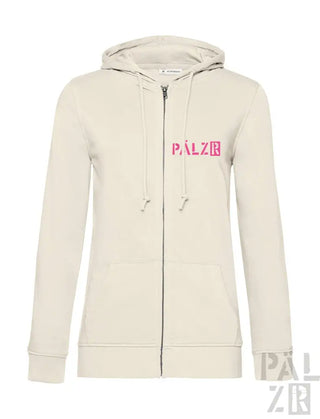 Cremeweiße Kapuzenjacke mit Reißverschluss, pinkem „palzie“-Logo und Kapuze.