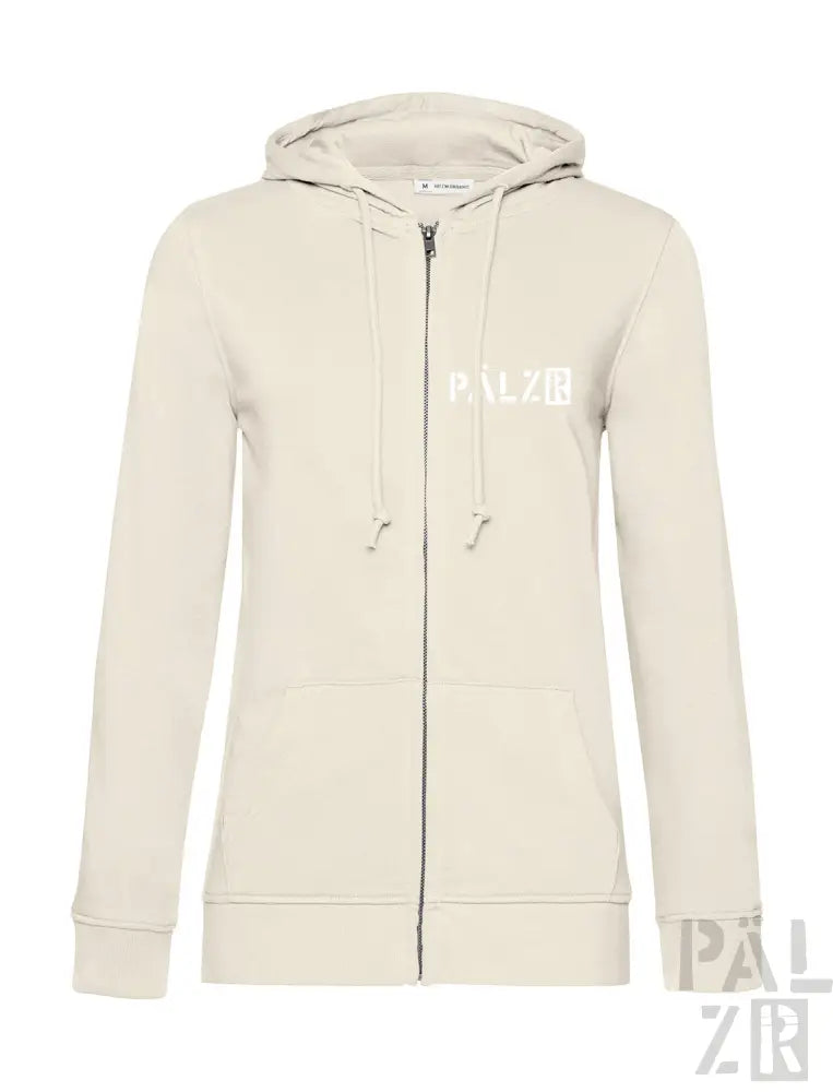 Cremeweißer Reißverschluss-Hoodie mit ’palzie’-Logo auf der Vorderseite.