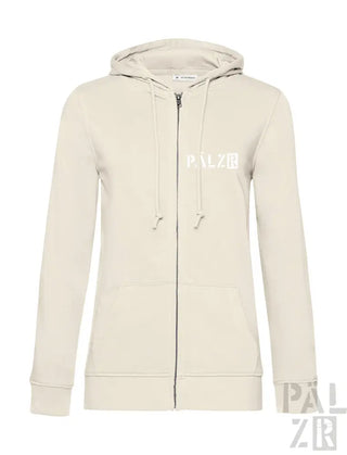 Cremeweißer Reißverschluss-Hoodie mit ’palzie’-Logo auf der Vorderseite.
