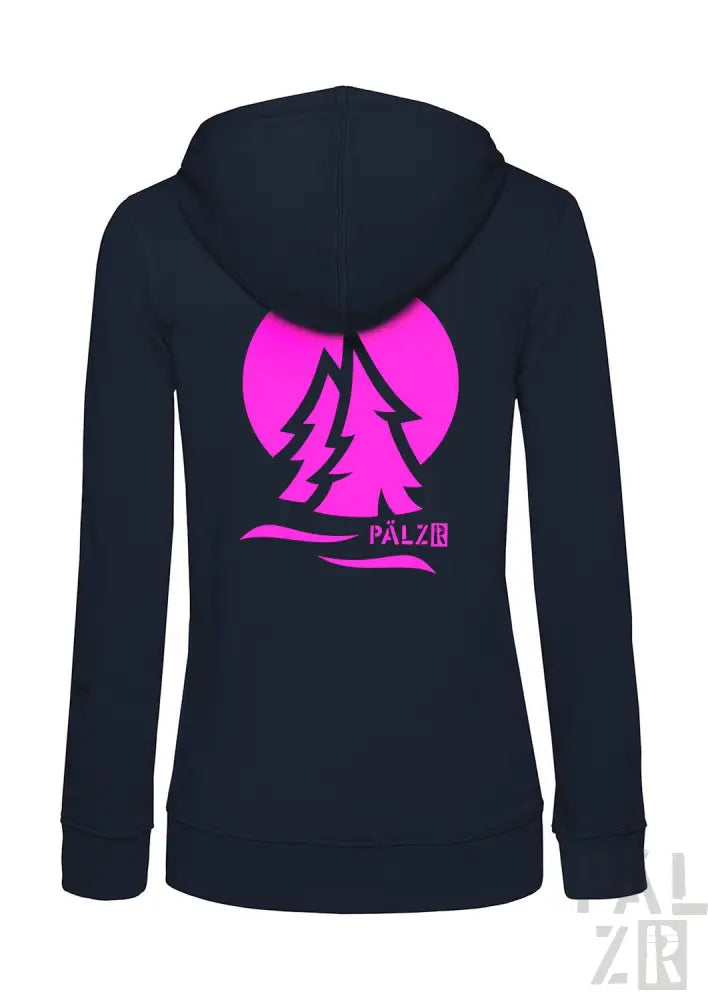 Marineblaue Kapuzenjacke mit Reißverschluss, neonpinkem Baum-Design und ’palz’-Logo.
