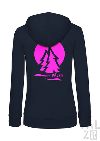 Marineblaue Kapuzenjacke mit Reißverschluss, neonpinkem Baum-Design und ’palz’-Logo.