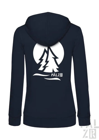 Marineblaue Kapuzenjacke mit Reißverschluss, weißes Baum- und Mond-Design, ’palz’-Logo.