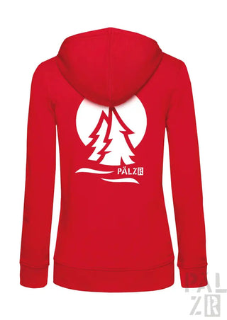 Roter Kapuzenpulli mit Reißverschluss, weißem Baum und ’palzib’-Logo-Design.