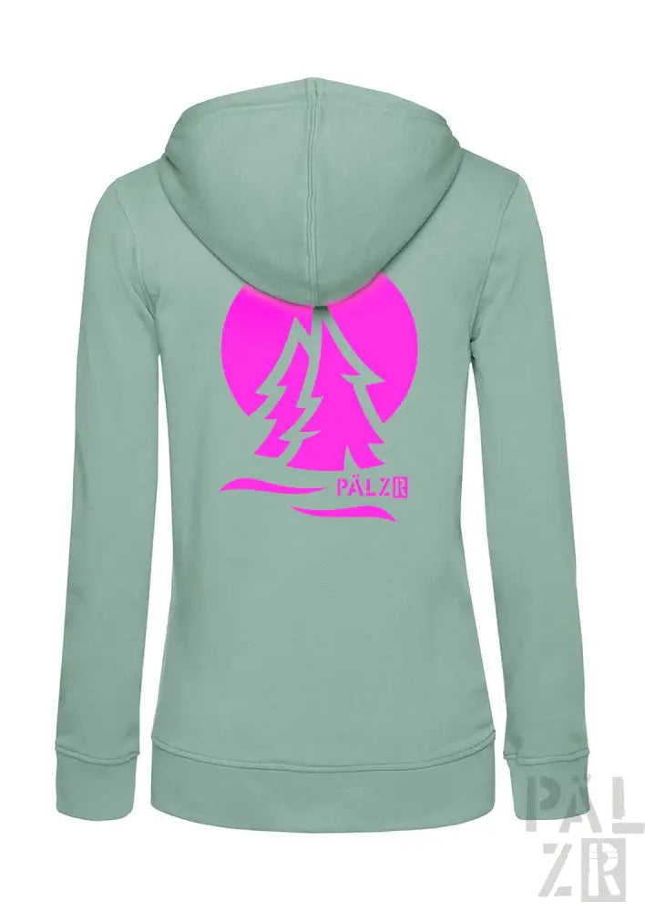 Mintgrüner Reißverschluss-Hoodie mit pinkem Baum-Design und ’palzie’-Text.
