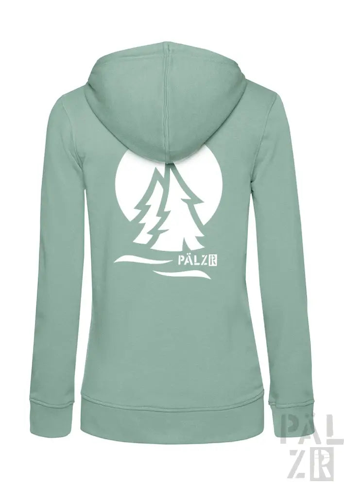 Mintgrüner Reißverschluss-Hoodie mit weißem Baumdesign und Markenlogo.