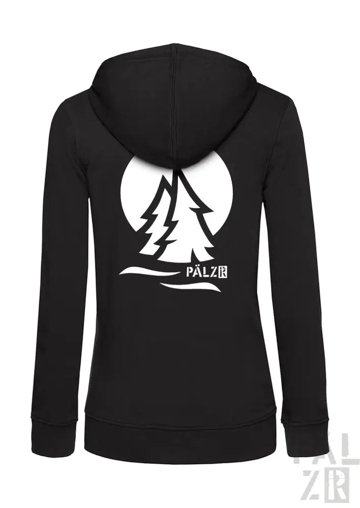 Schwarzer Reißverschluss-Hoodie mit weißem Baum-Design und Text „palz“ auf der Rückseite.