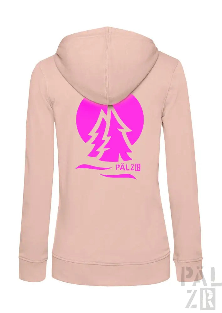 Rosa Kapuzenpulli mit Reißverschluss, Baumdesign und Text „palz18“.