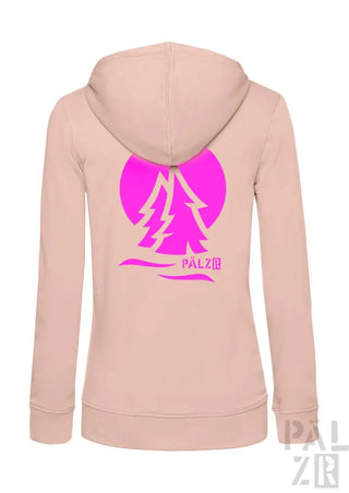 Rosa Kapuzenpulli mit Reißverschluss, Baumdesign und Text „palz18“.