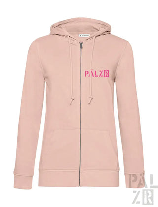 Rosa Kapuzenpulli mit Reißverschluss und ’palzie’-Logo in fetten roten Buchstaben auf der Vorderseite.