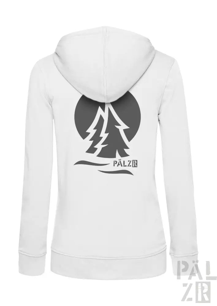 Weißes Hoodie mit schwarzem Logo und Textdesign.
