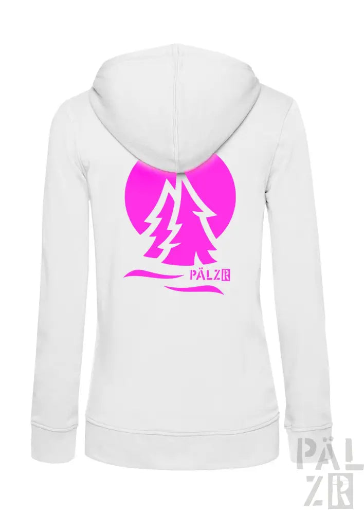 Weiße Kapuzenjacke mit Reißverschluss, pinkem Baum-Design und ’palz’-Text.