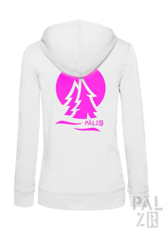 Weiße Kapuzenjacke mit Reißverschluss, pinkem Baum-Design und ’palz’-Text.