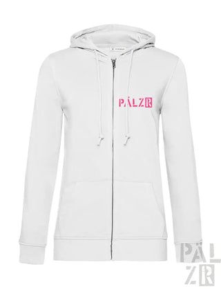 Weiße Kapuzenjacke mit Reißverschluss, pinkem Logo und Kordelzügen.