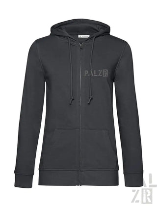 Schwarze Kapuzenjacke mit Reißverschluss und ’palz’-Logo auf der Vorderseite.