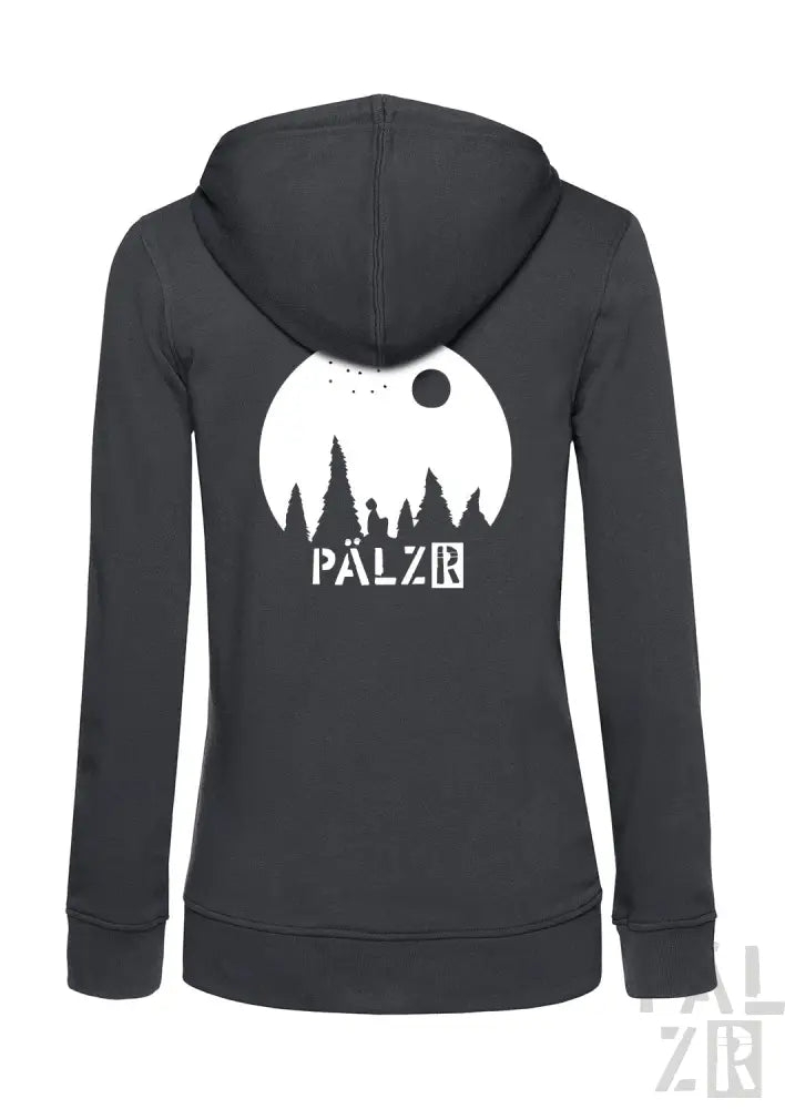 Anthrazitfarbener Kapuzenpulli mit Reißverschluss, weißem Waldmuster und Text „pälzr“ auf dem Rücken.