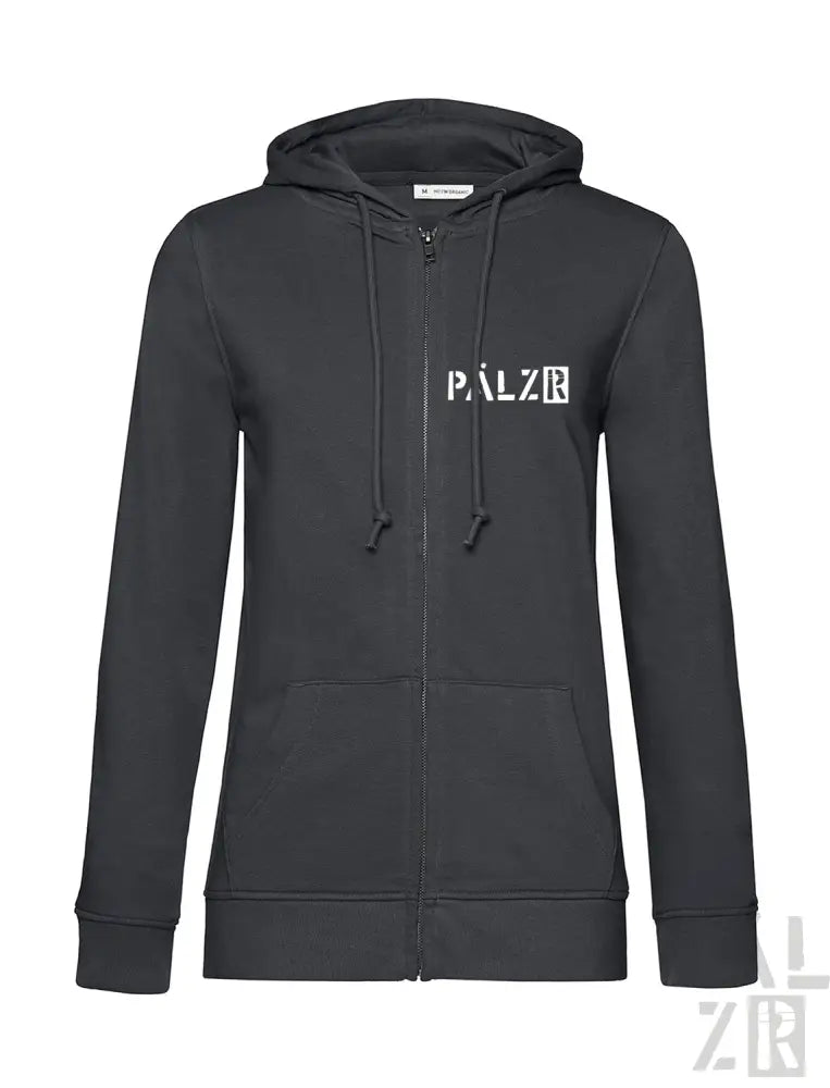 Schwarzes Reißverschluss-Hoodie mit ’palzr’-Logo in Weiß auf der Vorderseite.