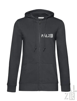 Schwarzes Reißverschluss-Hoodie mit ’palzr’-Logo in Weiß auf der Vorderseite.