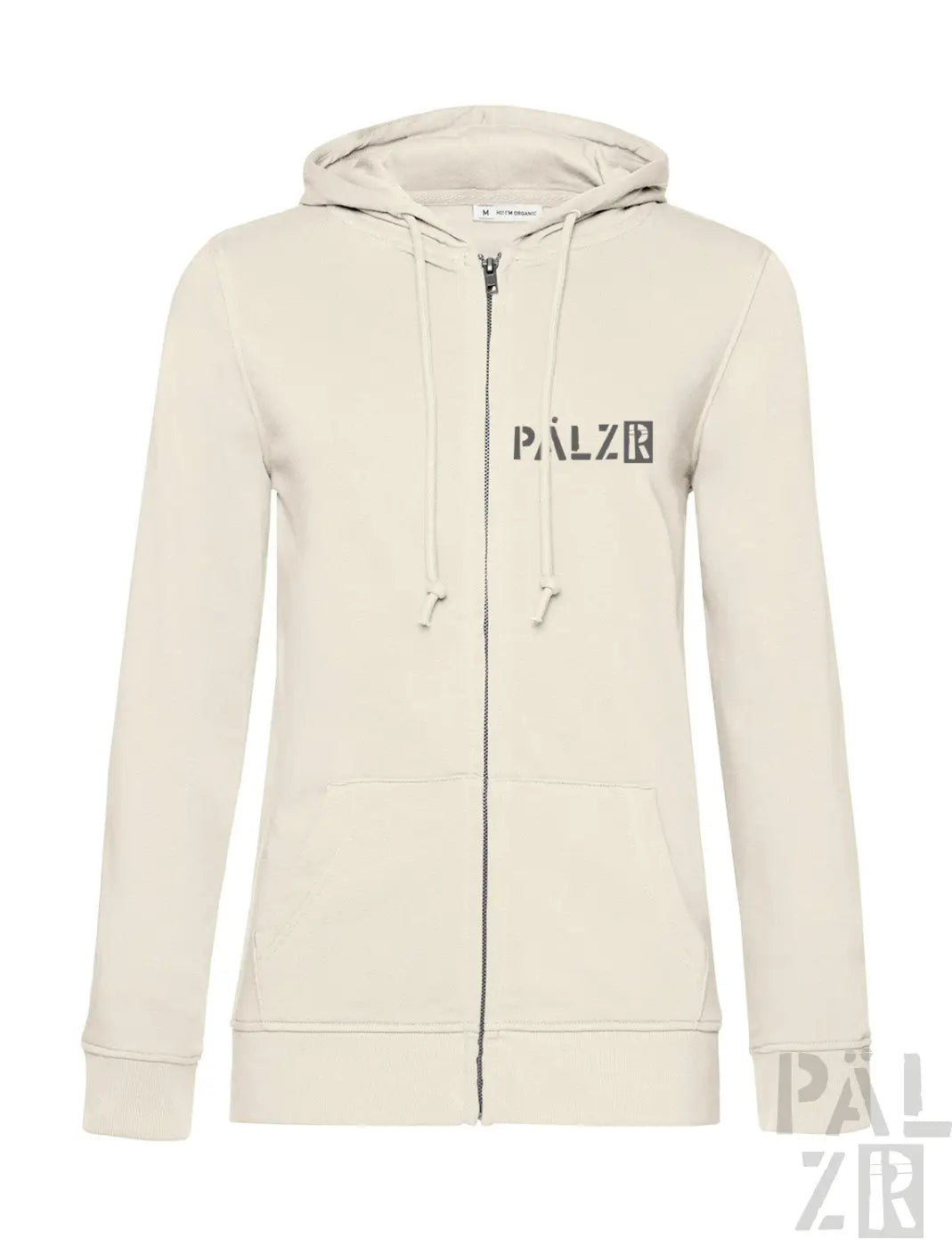 Cremeweißer Kapuzenpulli mit Reißverschluss und ’palzie’-Logo auf der Vorderseite.