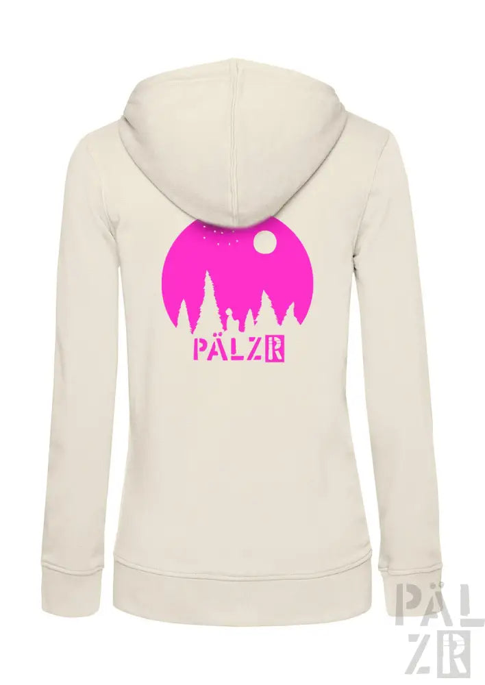 Cremeweißer Kapuzenpulli mit Reißverschluss, pinkem Grafik- und Textdesign.