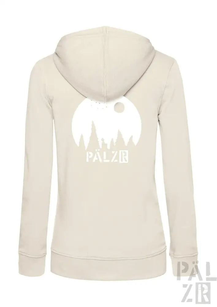 Creme-farbene Hoodie mit weißem Mond- und Bergdesign, mit dem Markennamen ’palziq’ in fetten Buchstaben.