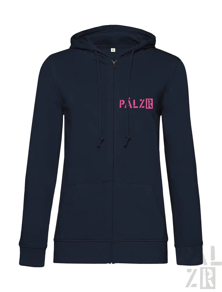 Marineblaue Kapuzenjacke mit Reißverschluss, pinkem „palzie“-Logo und Kapuze.