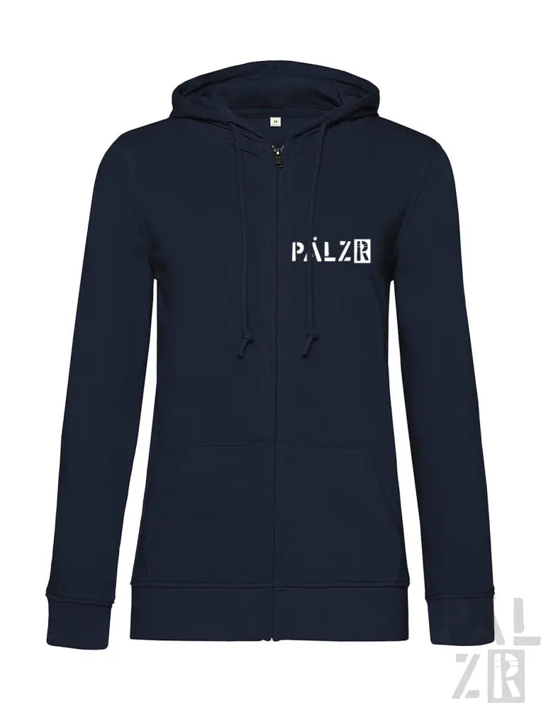 Marineblaue Kapuzenjacke mit Reißverschluss und ’palzr’-Logo.