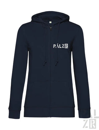 Marineblaue Kapuzenjacke mit Reißverschluss und ’palzr’-Logo.