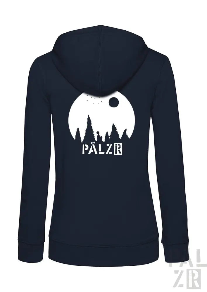 Marineblaue Kapuzenjacke mit Reißverschluss und weißem Wald- und Mond-Design, Text ’pälzr’.