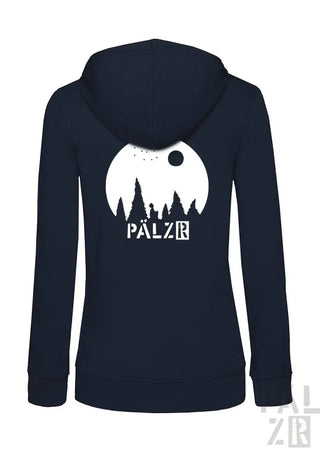 Marineblaue Kapuzenjacke mit Reißverschluss und weißem Wald- und Mond-Design, Text ’pälzr’.