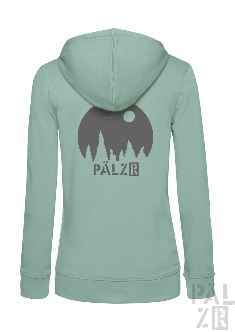 Minzgrüner Kapuzenpulli mit Reißverschluss, Wald-Silhouetten-Design und ’pälzr’-Branding.