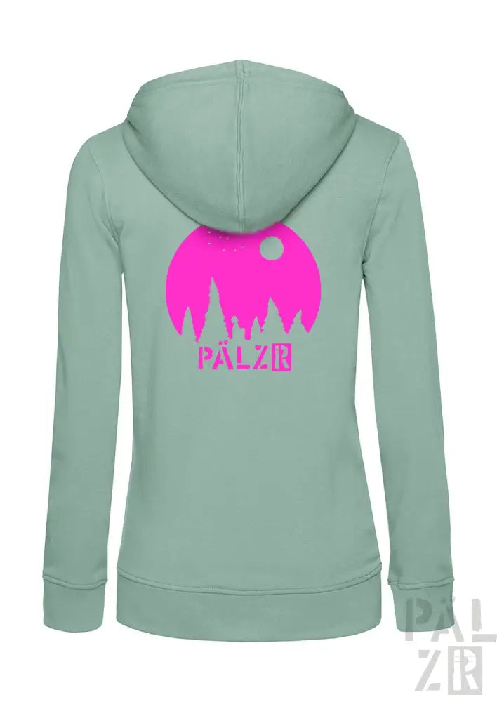 Mintgrüner Kapuzenpulli mit Reißverschluss, pinkem „palzr“-Logo und Bergsilhouetten-Design.