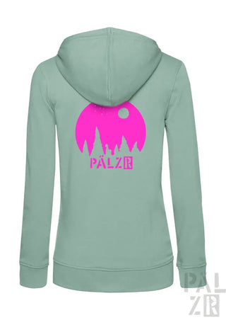 Mintgrüner Kapuzenpulli mit Reißverschluss, pinkem „palzr“-Logo und Bergsilhouetten-Design.
