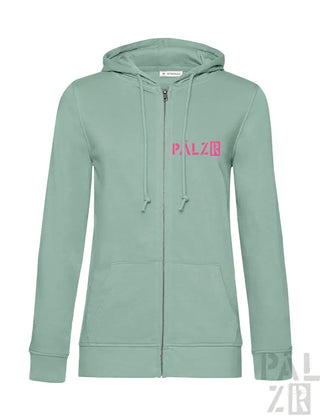 Minzgrüner Reißverschluss-Hoodie mit pinkem „Palzie“-Logo und Kordelkapuze.