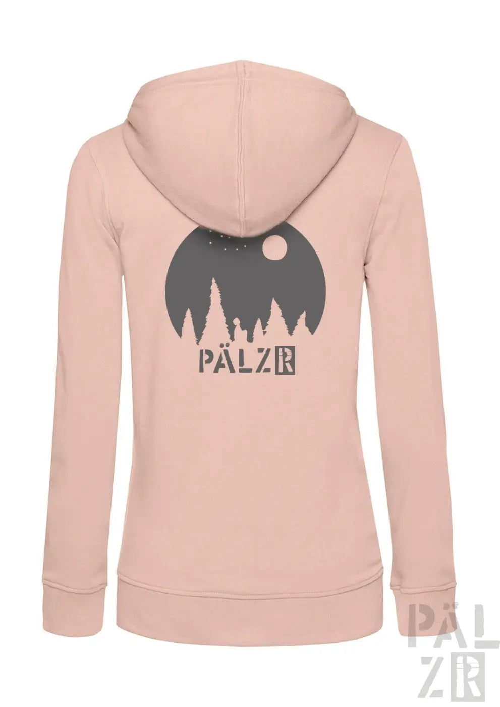 Hellrosa Kapuzenpulli mit Reißverschluss, Waldsilhouette und ’pälzr’ Branding.