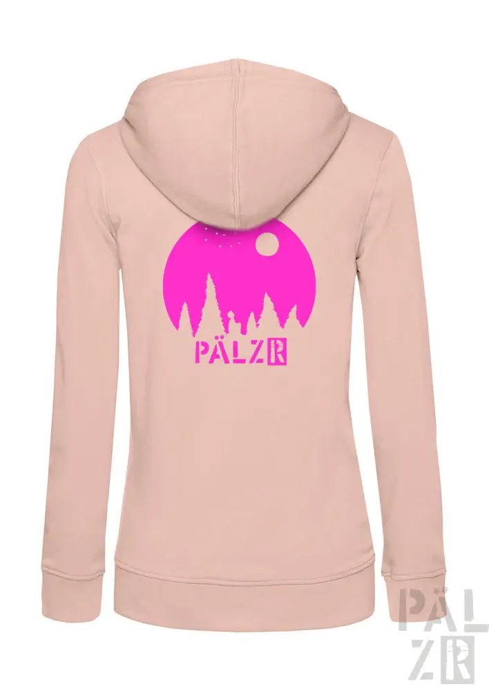 Rosa Kapuzenpulli mit Reißverschluss, Bergdesign und Text ’pälzr’.