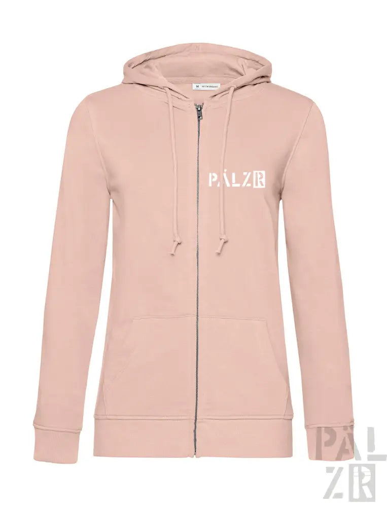 Rosa Kapuzenpullover mit Reißverschluss und ’palzir’-Logo auf der Vorderseite.