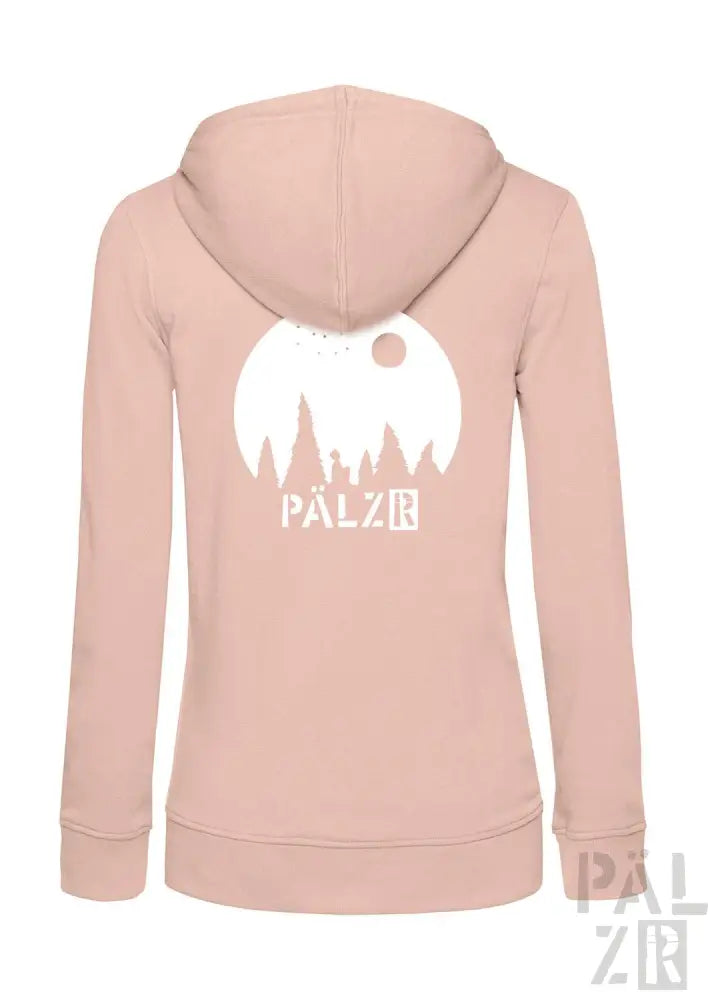 Rosa Kapuzenpulli mit Reißverschluss, weißem ’palzir’-Logo und Bergsilhouetten-Design.
