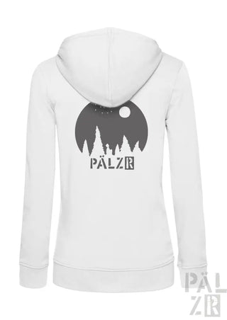 Weiße Kapuzenjacke mit Reißverschluss und schwarzem Grafikdesign mit Bäumen und dem Wort ’pälzr’ auf dem Rücken.