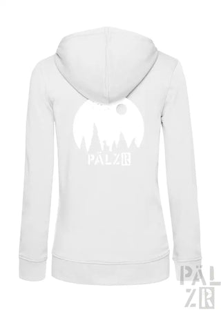 Weiße Hoodie mit ‚palziq‘-Logo und Burgen-Design auf dem Rücken, aus Baumwolle gefertigt.