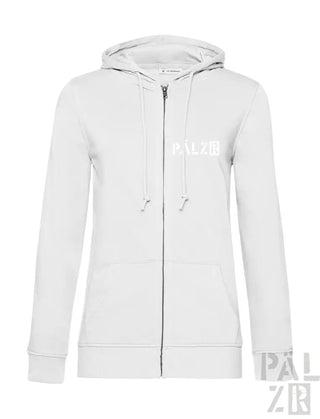 Weiße Kapuzenjacke mit Reißverschluss und ’palzer’-Logo auf der Vorderseite.