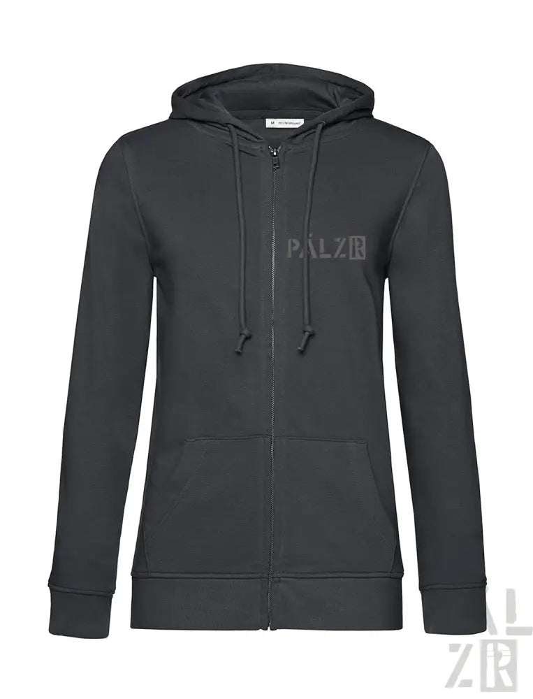 Schwarzes Reißverschluss-Hoodie mit ’palz’-Logo auf der Vorderseite.