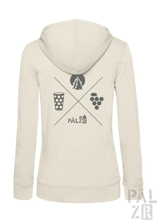 Cremeweißer Hoodie mit schwarzem Grafikdesign, das ein Bierglas, Trauben und das Wort ’palzib’ in einem X-Muster zeigt.