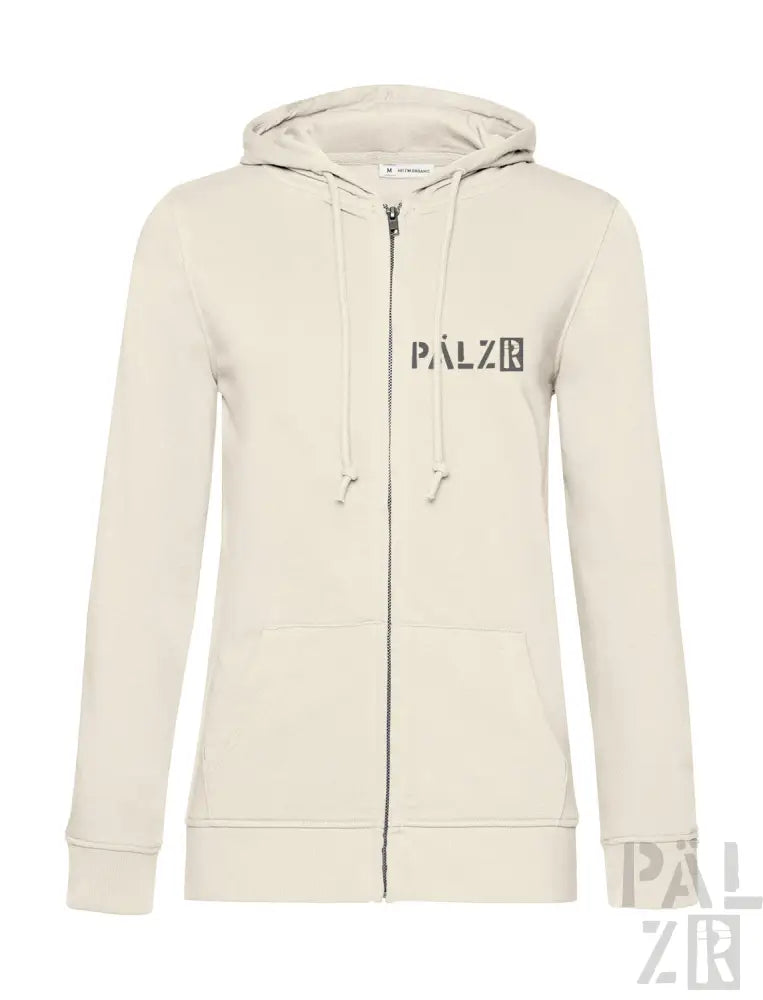 Cremeweiße Kapuzenjacke mit Reißverschluss und ’palzie’-Logo auf der Vorderseite.