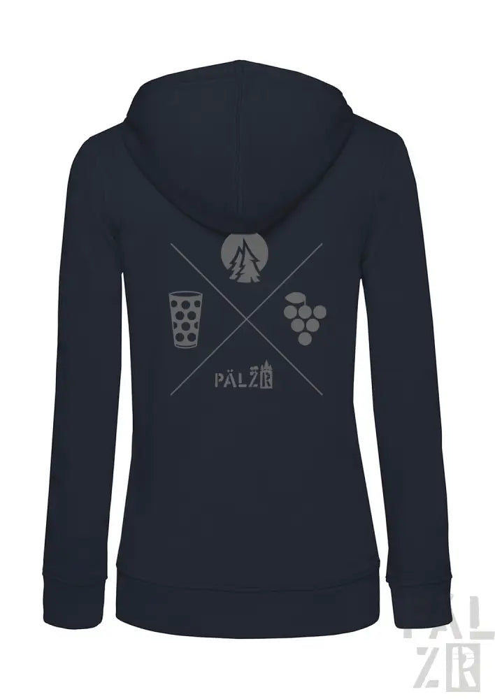 Marineblaues Reißverschluss-Hoodie mit Wein-Glas-, Trauben- und Lagerfeuer-Design.