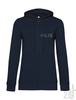 Marineblaue Kapuzenjacke mit Reißverschluss und ’palze’-Logo-Design.