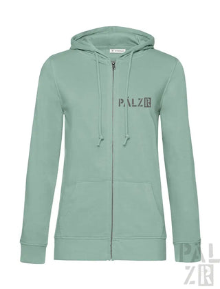 Minzgrüner Reißverschluss-Hoodie mit ’palze’-Logo.
