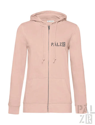 Hellrosa Kapuzenpulli mit Reißverschluss und ’palzie’-Logo auf der Vorderseite.